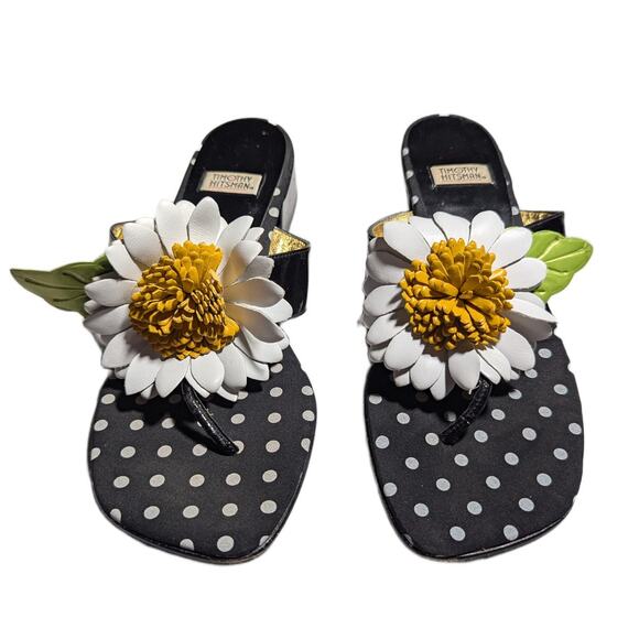 Vtg 1990s Timothy Hitsman Black White Leather Flower Toe Post Thong Sandals 7 - Picture 2 of 6